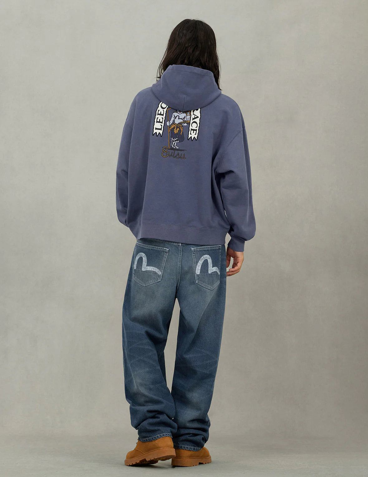 Evisu American Ebisu and Seagull Print Relax Fit Hoodie Navy