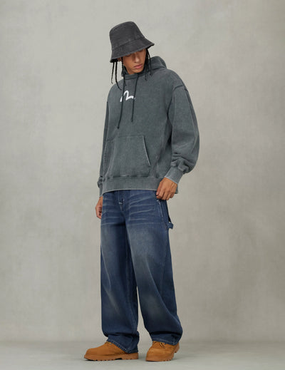 Evisu Washed Seagull and Logo Print Relax Fit Hoodie