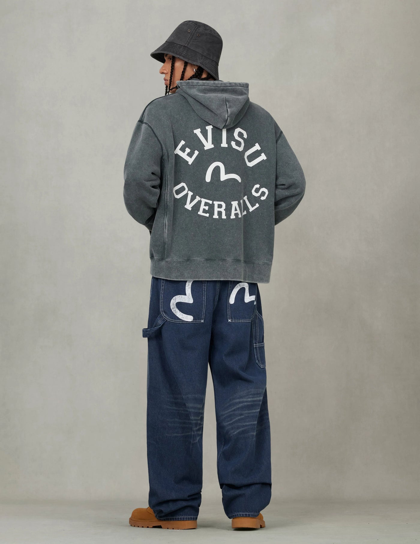 Evisu Washed Seagull and Logo Print Relax Fit Hoodie