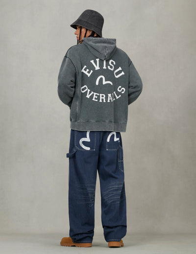 Evisu Washed Seagull and Logo Print Relax Fit Hoodie