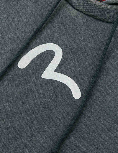 Evisu Washed Seagull and Logo Print Relax Fit Hoodie