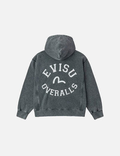 Evisu Washed Seagull and Logo Print Relax Fit Hoodie