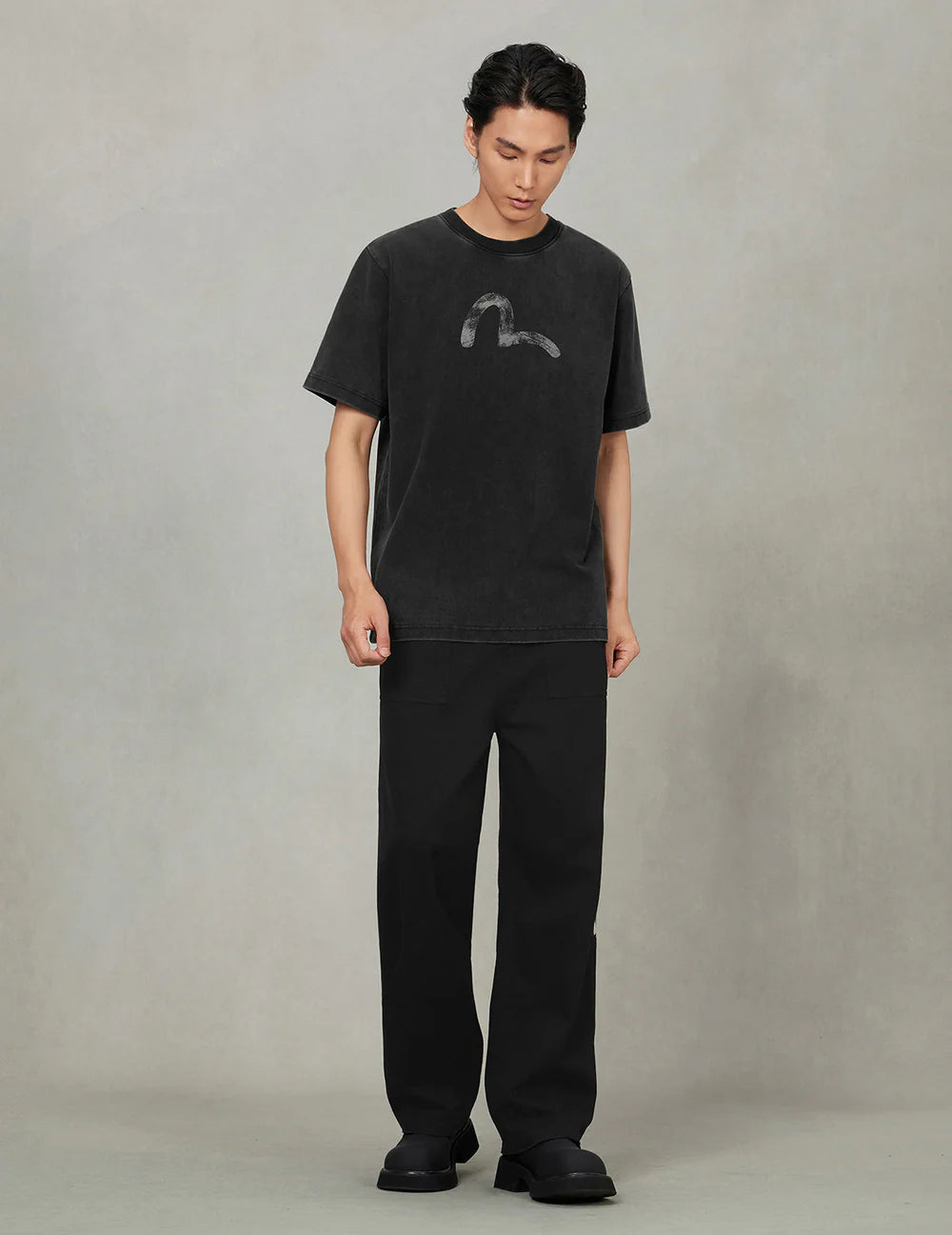 Evisu Hand-Drawn Seagull Print Relax Fit T-Shirt Blk