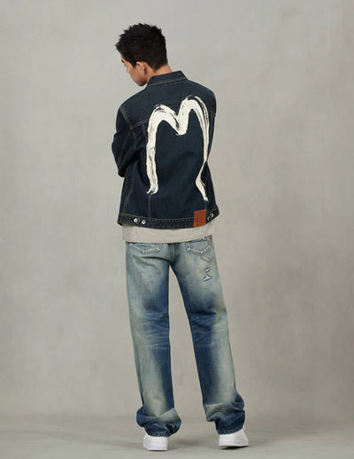 Evisu Washed Brushstroke Daicock Print Regular Fit Denim Jacket