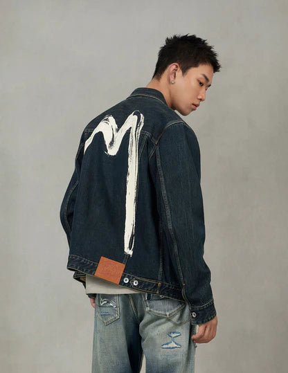 Evisu Washed Brushstroke Daicock Print Regular Fit Denim Jacket