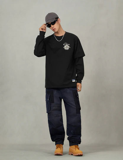 Evisu Sashiko-style Kamon Print Fashion Fit 2-in-1 Design Long-sleeve T-shirt